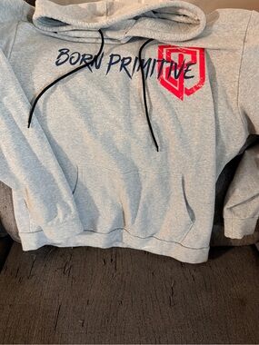 Born Primitive Men’s Light Gray Crewneck Hoodie with Red Shield